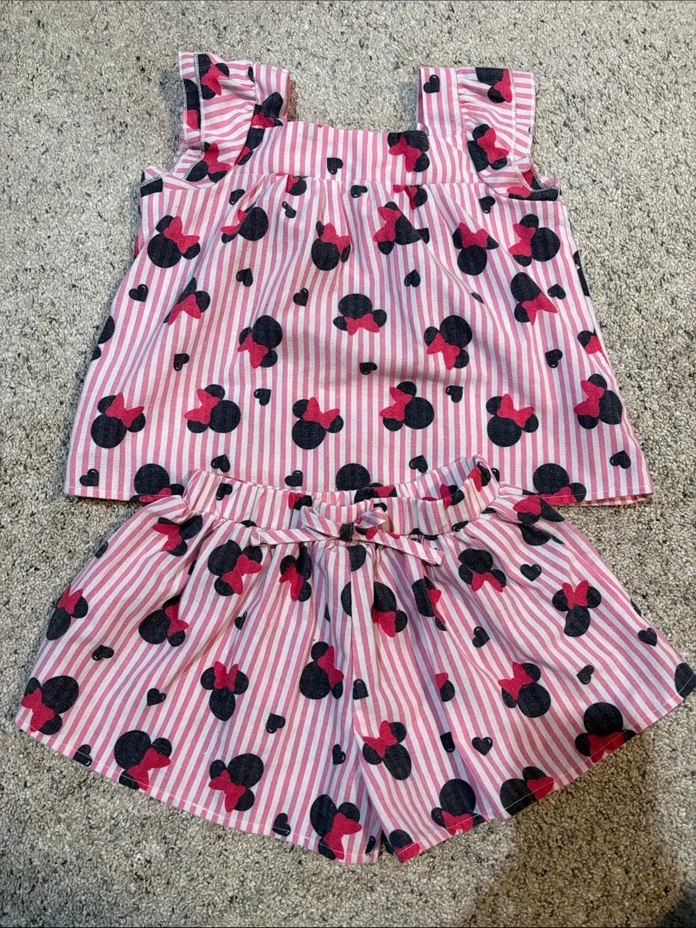 Disney Pink & Black Minnie Mouse Striped Girls Matching Top and Shorts